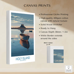 Holy Island Poster Northumberland | Lindisfarne Canvas Print showcasing a tranquil boat scene and professional Giclée printing.