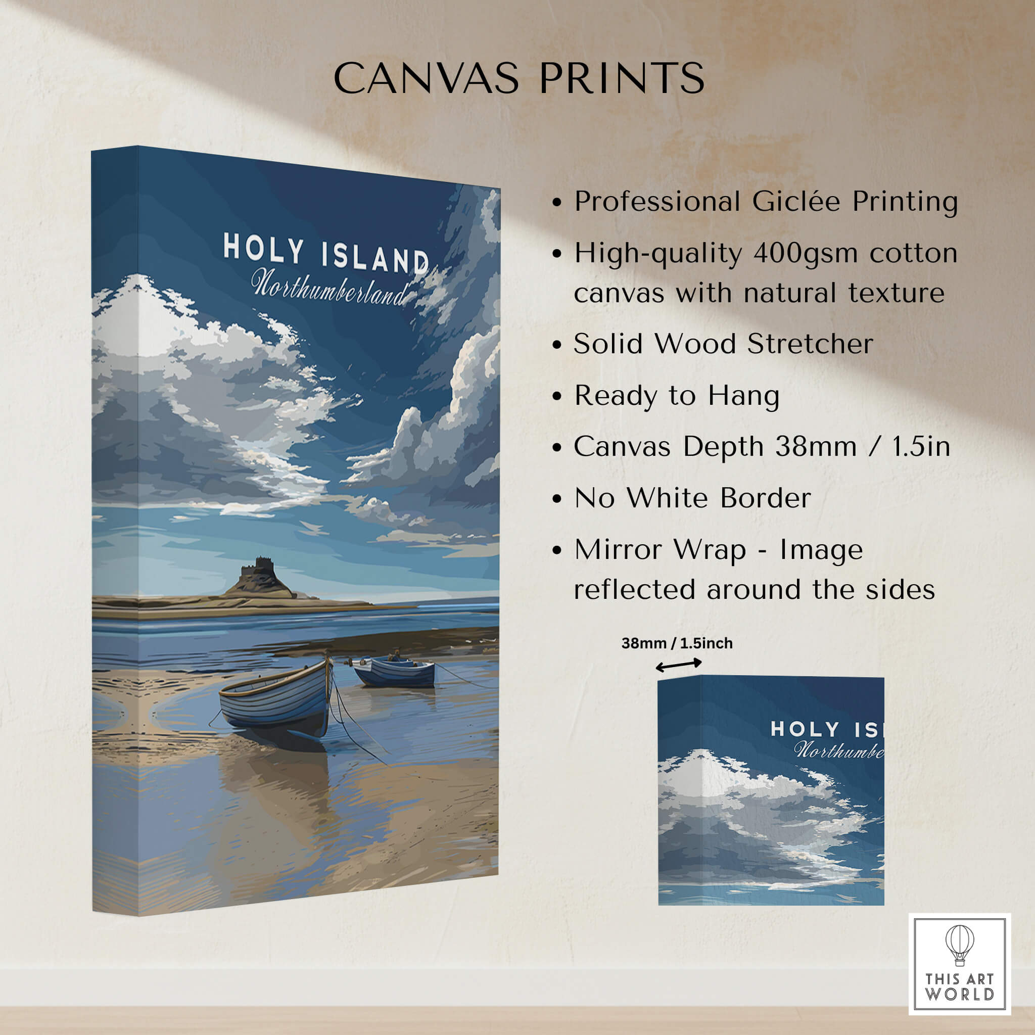 Holy Island Travel Poster Northumberland | Coastal Landscape Wall Art Print showcasing giclée canvas print features.