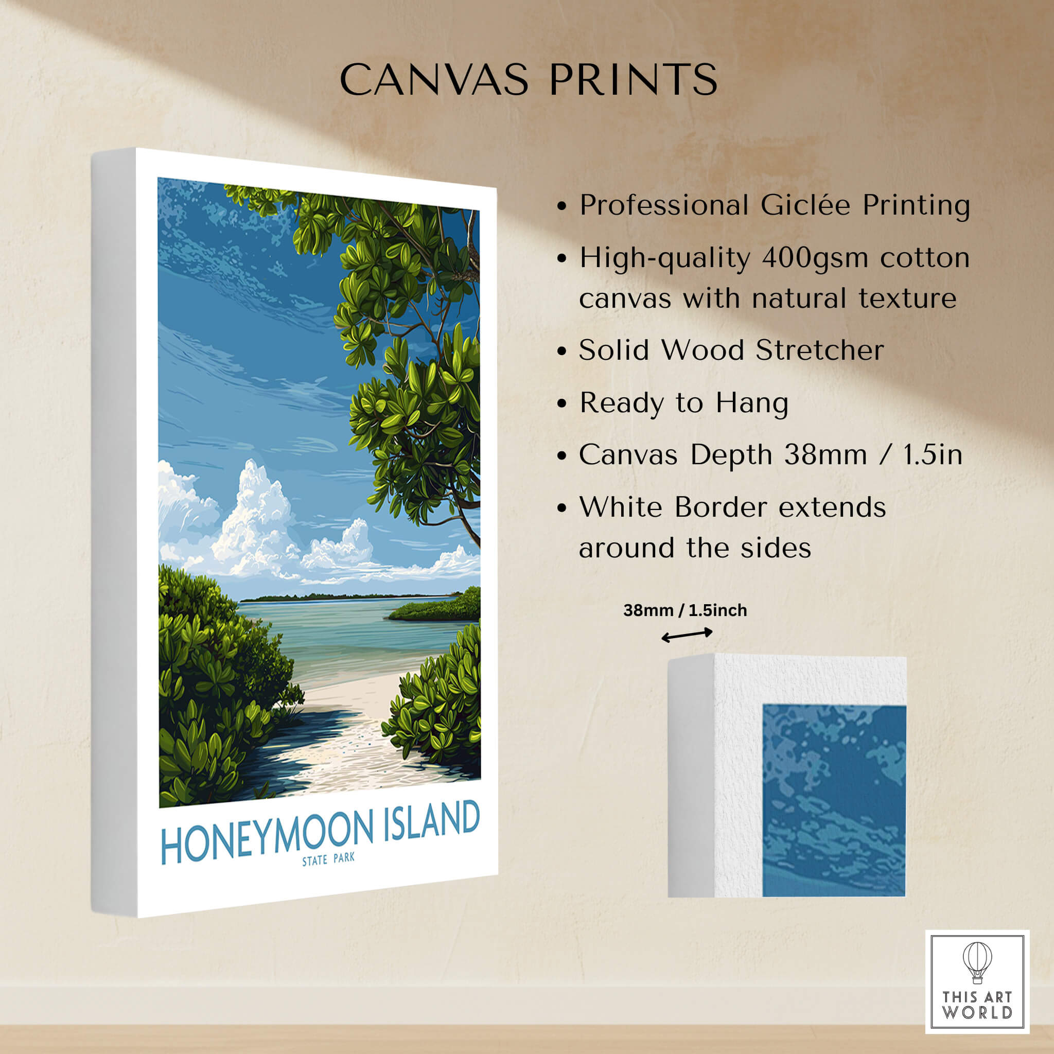 Honeymoon Island Florida Poster | Tropical Island Scene Canvas Print showcasing peaceful beach scene with lush greenery.