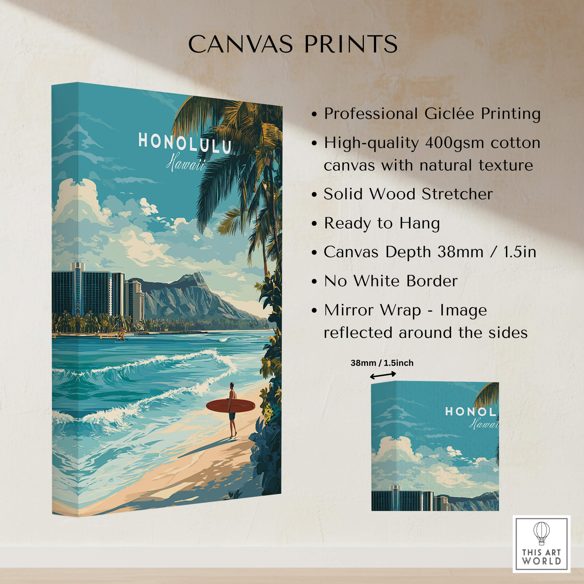 Honolulu Wall Art Print | Waikiki Beach Hawaii Travel Poster featuring canvas print details and design.