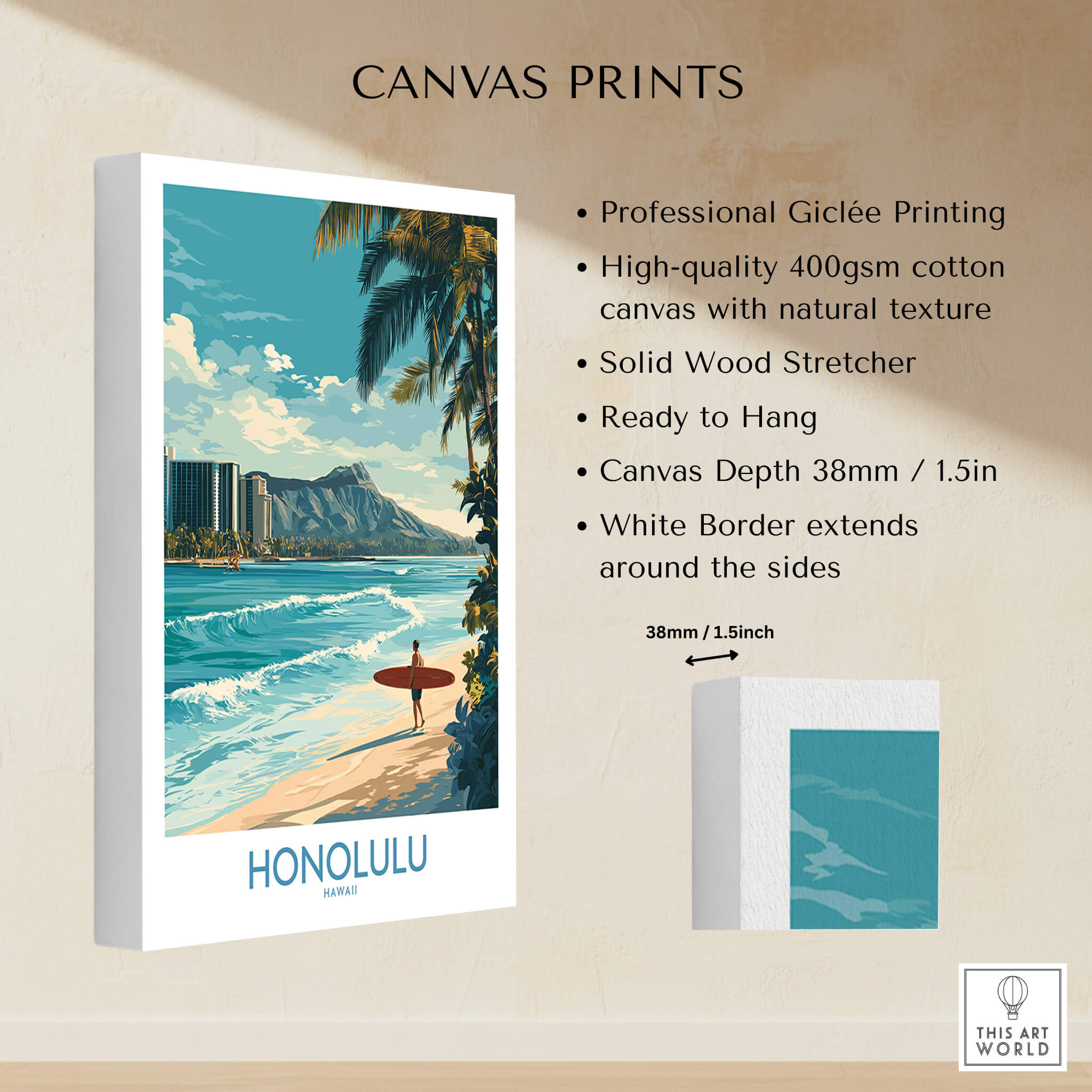 Honolulu Poster | Hawaii Surfing Canvas Print showcasing professional Giclée printing and vibrant ocean scenes.