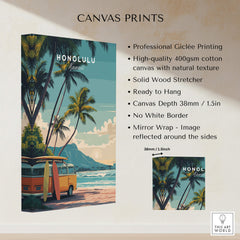 Honolulu Hawaii Travel Poster | Surf Van Beach Wall Art Print displayed on canvas highlighting stunning beach scenery.