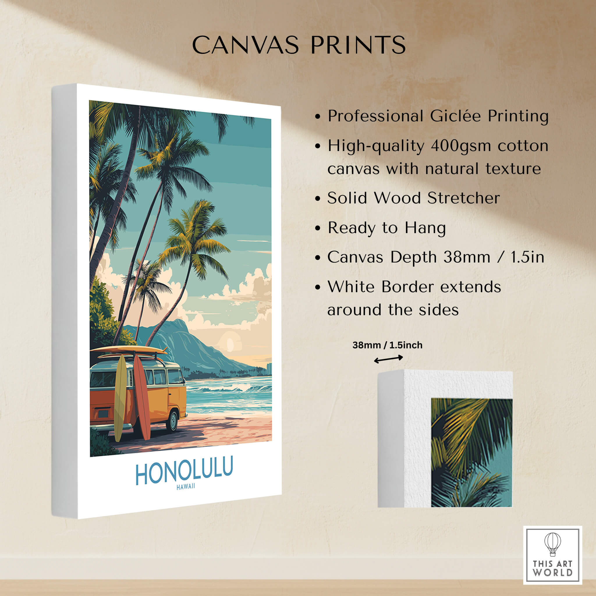 Honolulu Hawaii Poster | Vintage Aloha Style Canvas Print showcasing professional Giclée printing and natural textures.