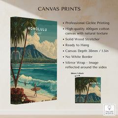 Honolulu Hawaii Wall Art Print | Waikiki Beach Surf Travel Poster featuring vibrant tropical scenery and professional giclée printing.