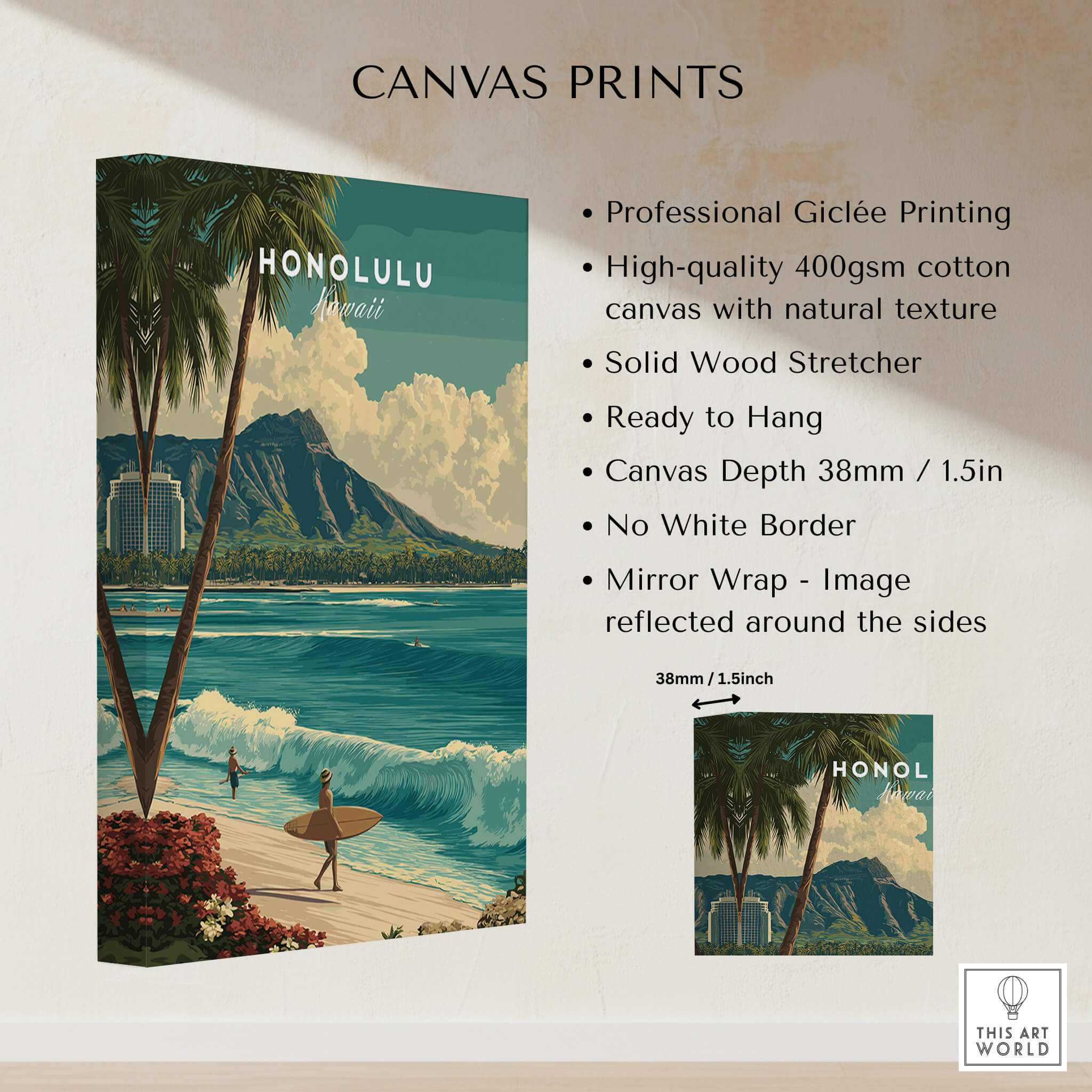 Honolulu Hawaii Wall Art Print | Waikiki Beach Surf Travel Poster featuring vibrant tropical scenery and professional giclée printing.