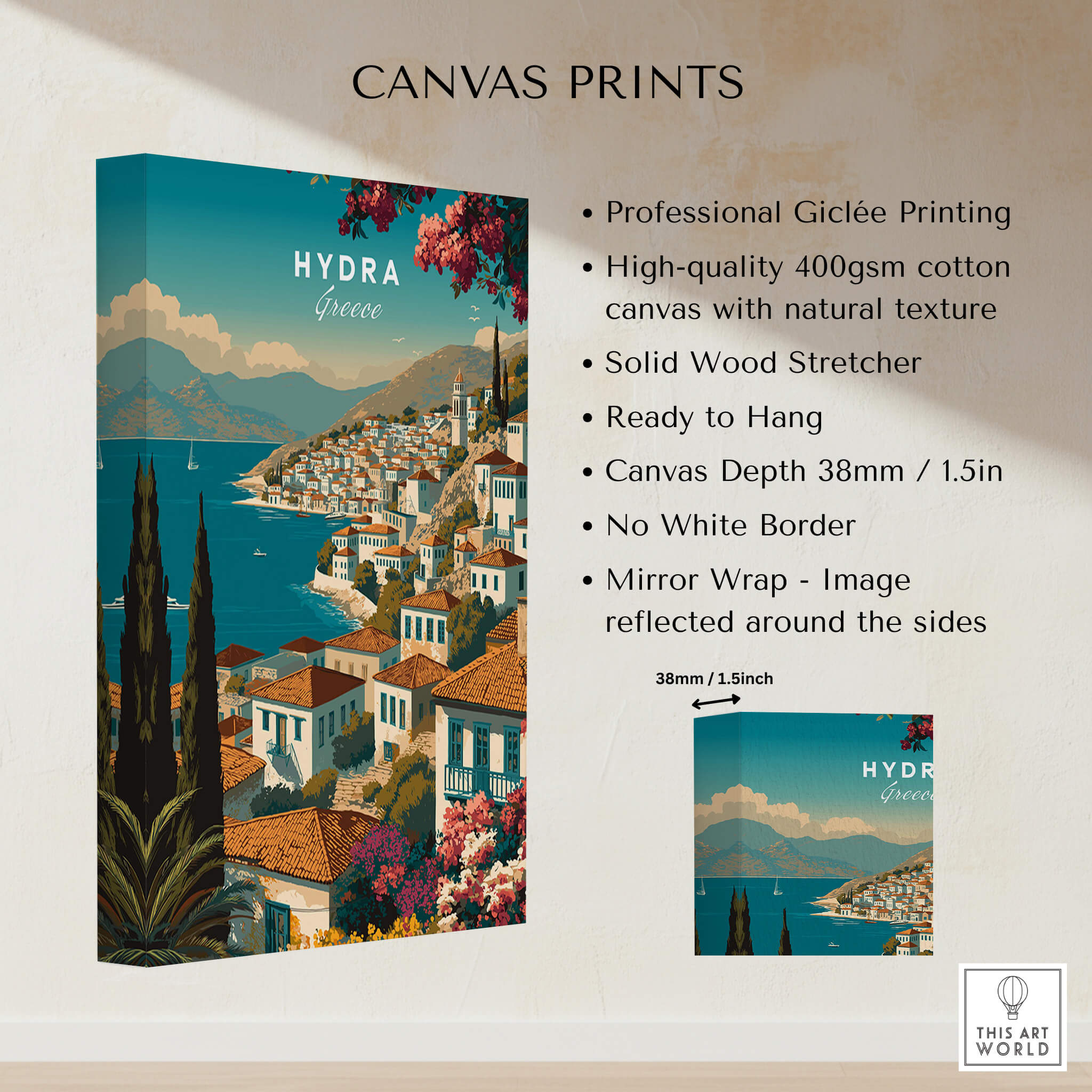 Hydra Greece Wall Art Print | Mediterranean Coastal Town Travel Poster showcasing a vibrant coastal scene with whitewashed buildings.