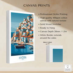 Hydra Greece Poster | Greek Island Village Scene Canvas Print with professional Giclée printing and textured surface.