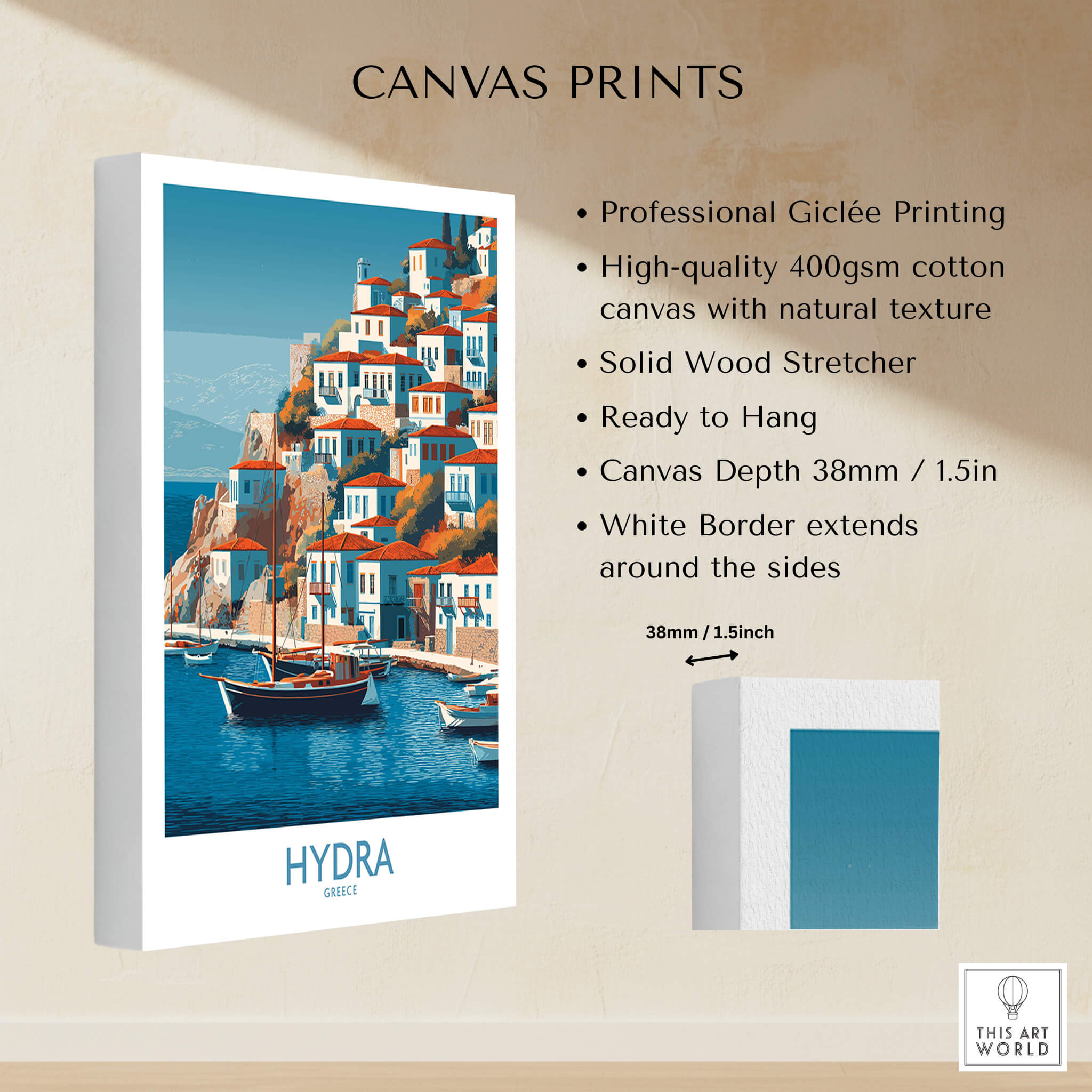 Hydra Greece Poster | Greek Island Village Scene Canvas Print with professional Giclée printing and textured surface.