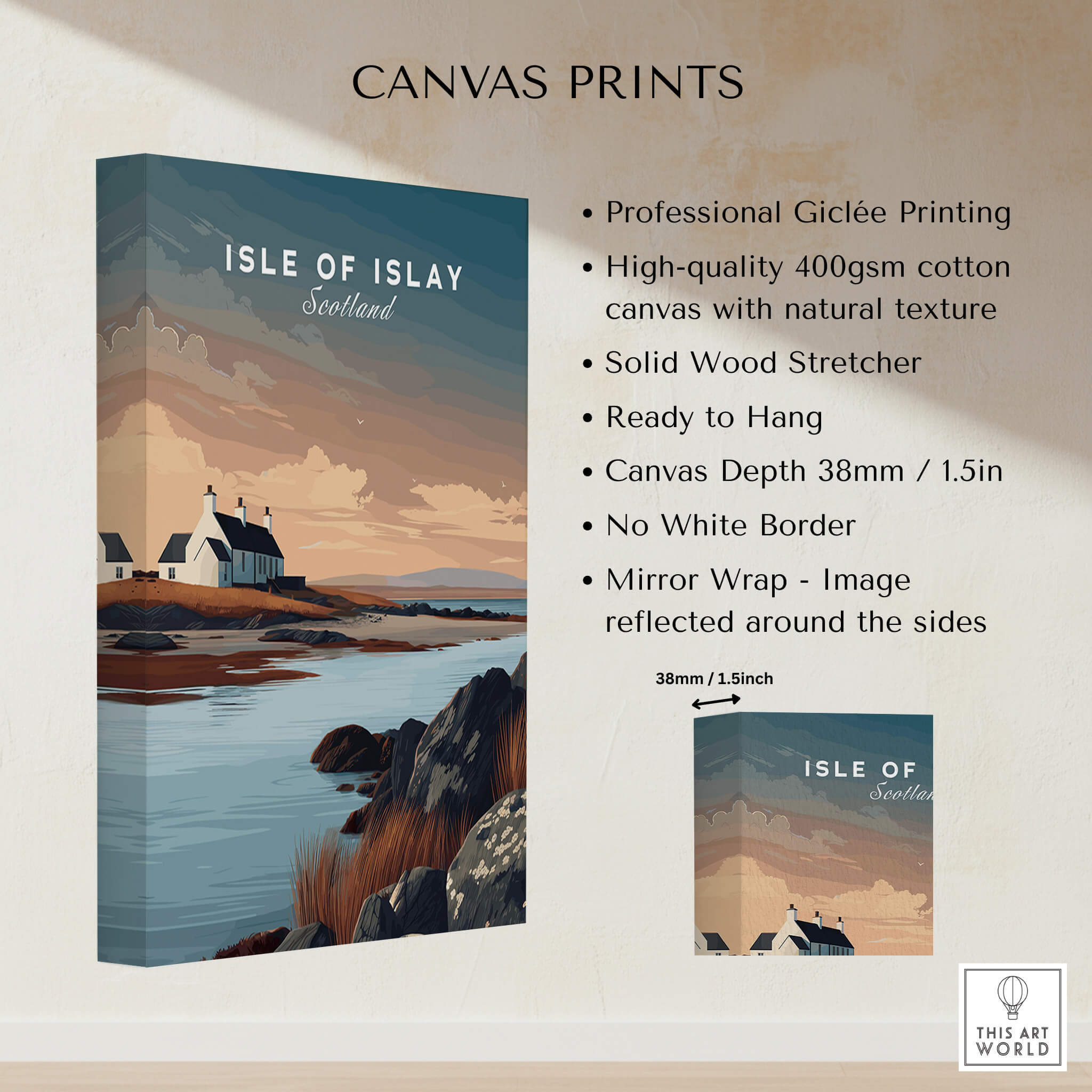 Isle of Islay Scotland Travel Posters | Scenic Coastal Cottage Wall Art Print on canvas with beautiful landscape.