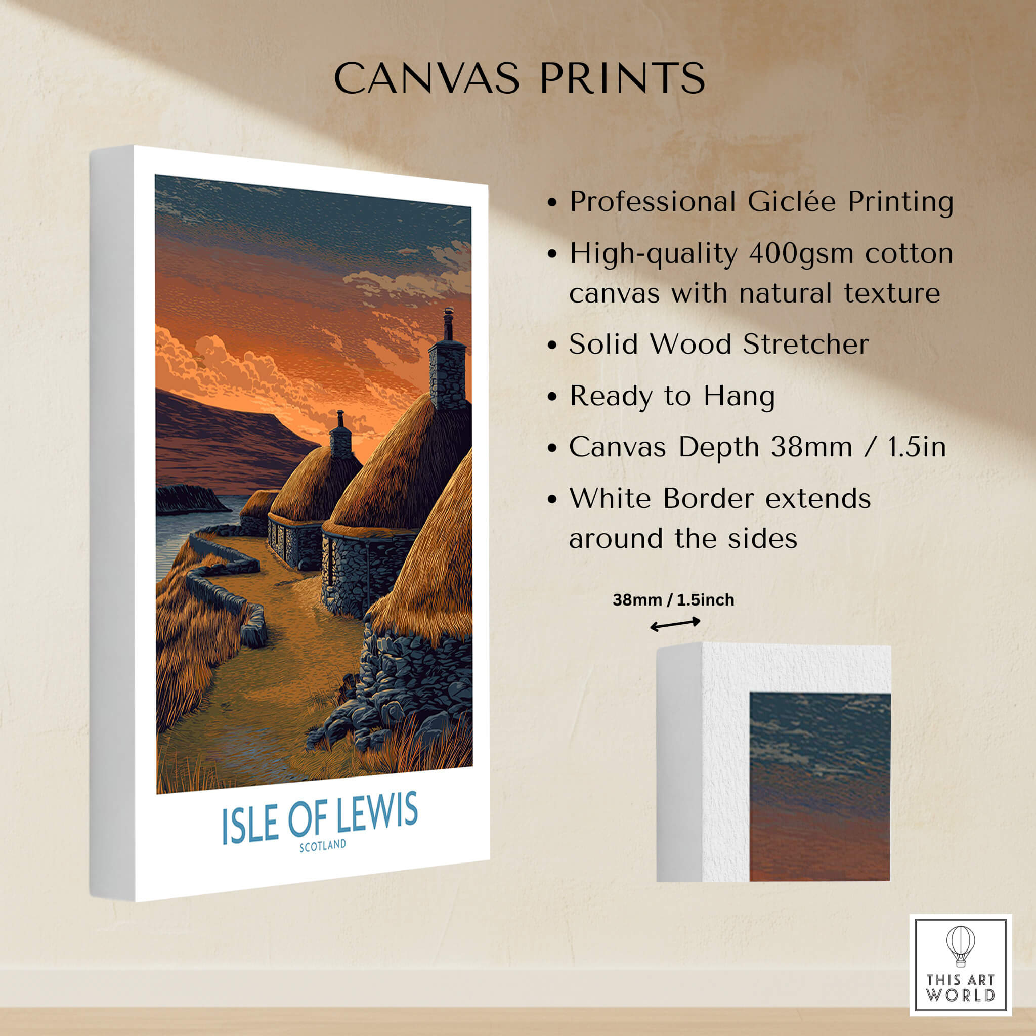 Isle of Lewis Scotland Canvas Print | Outer Hebrides Norse Mill Poster product details showing Giclée printing and canvas texture.