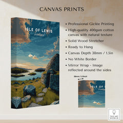 Isle of Lewis Scotland Travel Poster | Gearrannan Blackhouse Wall Art Print displayed on high-quality canvas.