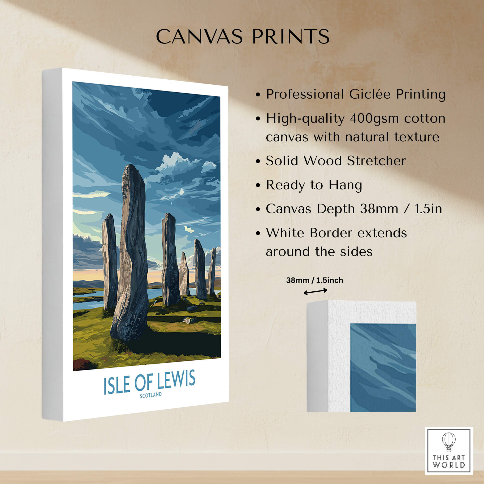 Isle of Lewis Scotland Poster | Ancient Megalithic Site Canvas Print displayed prominently with professional printing details.