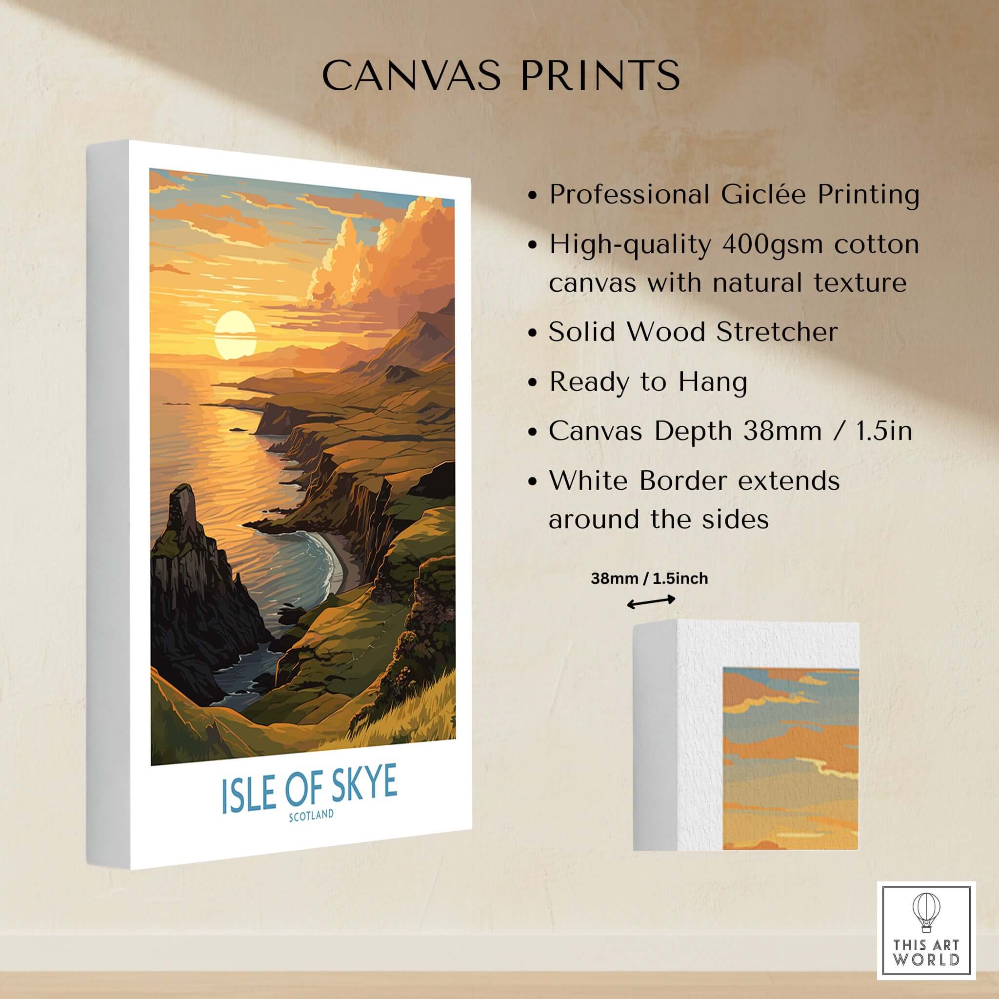 Isle of Skye Wall Art Print showcasing a stunning sunset over Scotland's coastline, perfect for enhancing home decor.