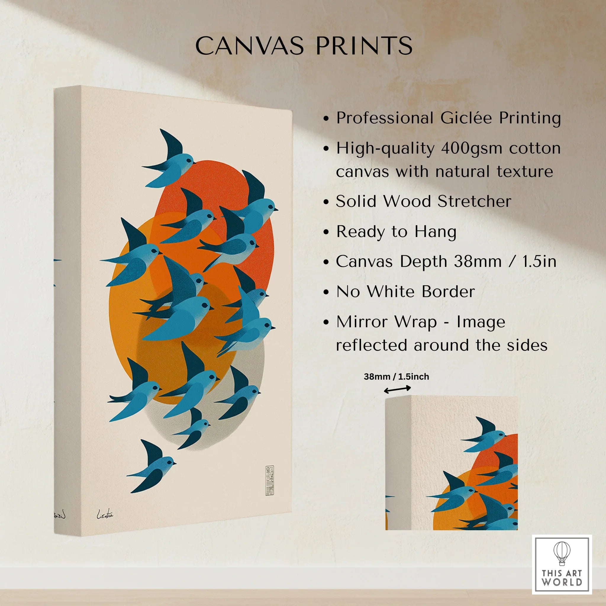 Stretched cotton canvas wall art featuring blue birds over abstract orange and yellow shapes.