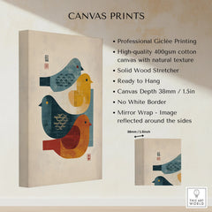 Modern canvas print with abstract birds stacked, cotton texture, and solid wood stretcher