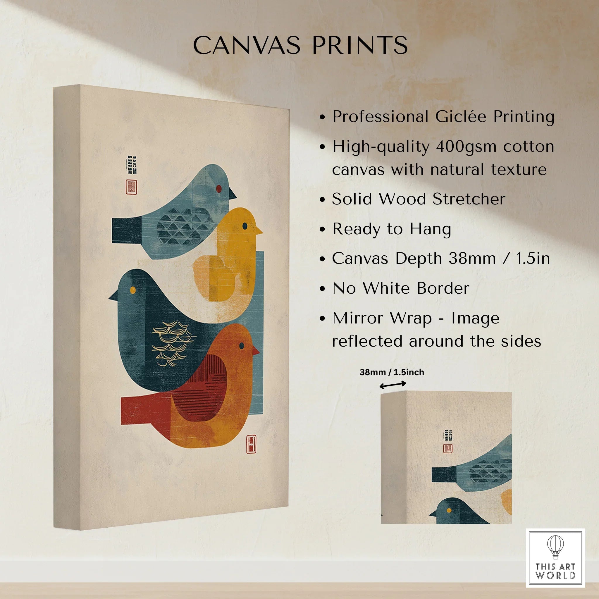 Modern canvas print with abstract birds stacked, cotton texture, and solid wood stretcher