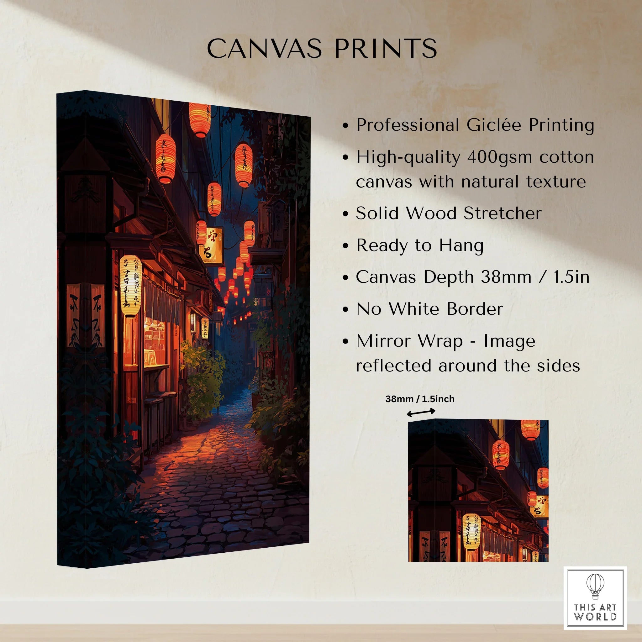 Stretched cotton canvas print of a lantern-lit Japanese street at night with canvas details.