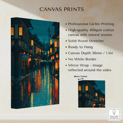 Stretched canvas print of a rainy Japanese street at night with glowing lanterns, product features listed