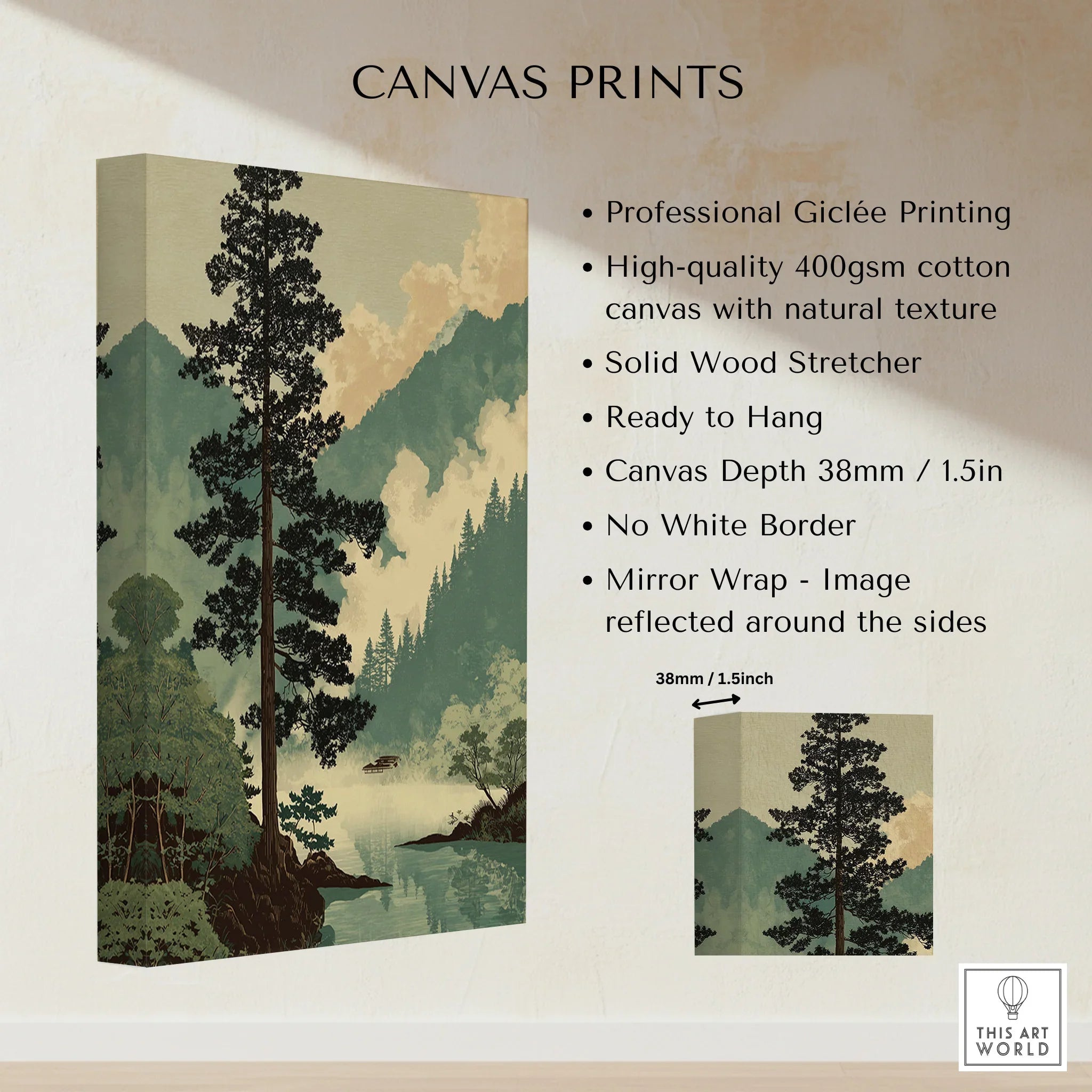Japanese Pine Tree Mountain Mist Woodblock Style Wall Art – This