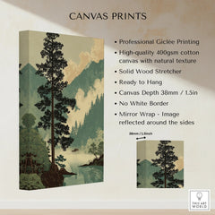 Stretched cotton canvas print featuring scenic forest, mountains, and lake in muted tones.