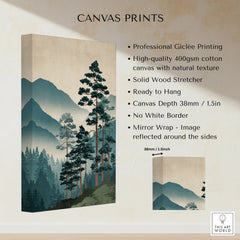 Stretched cotton canvas print featuring misty green mountains and trees, gallery wrapped, ready to hang.