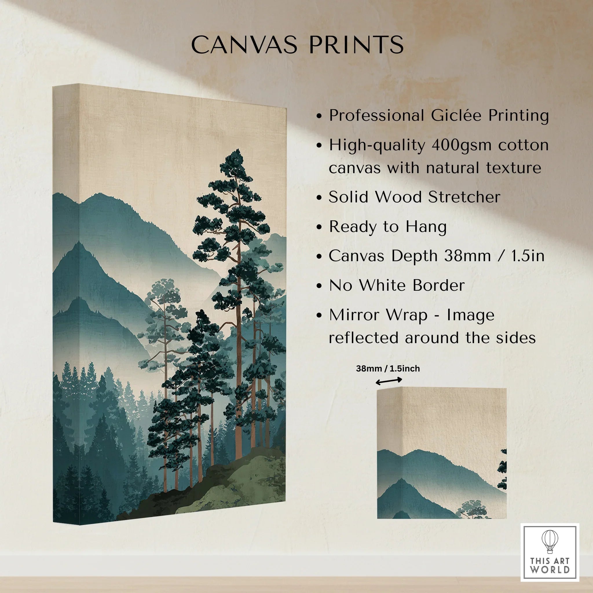 Stretched cotton canvas print featuring misty green mountains and trees, gallery wrapped, ready to hang.