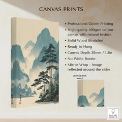 Stretched cotton canvas print featuring a serene blue mountain landscape with pine trees.