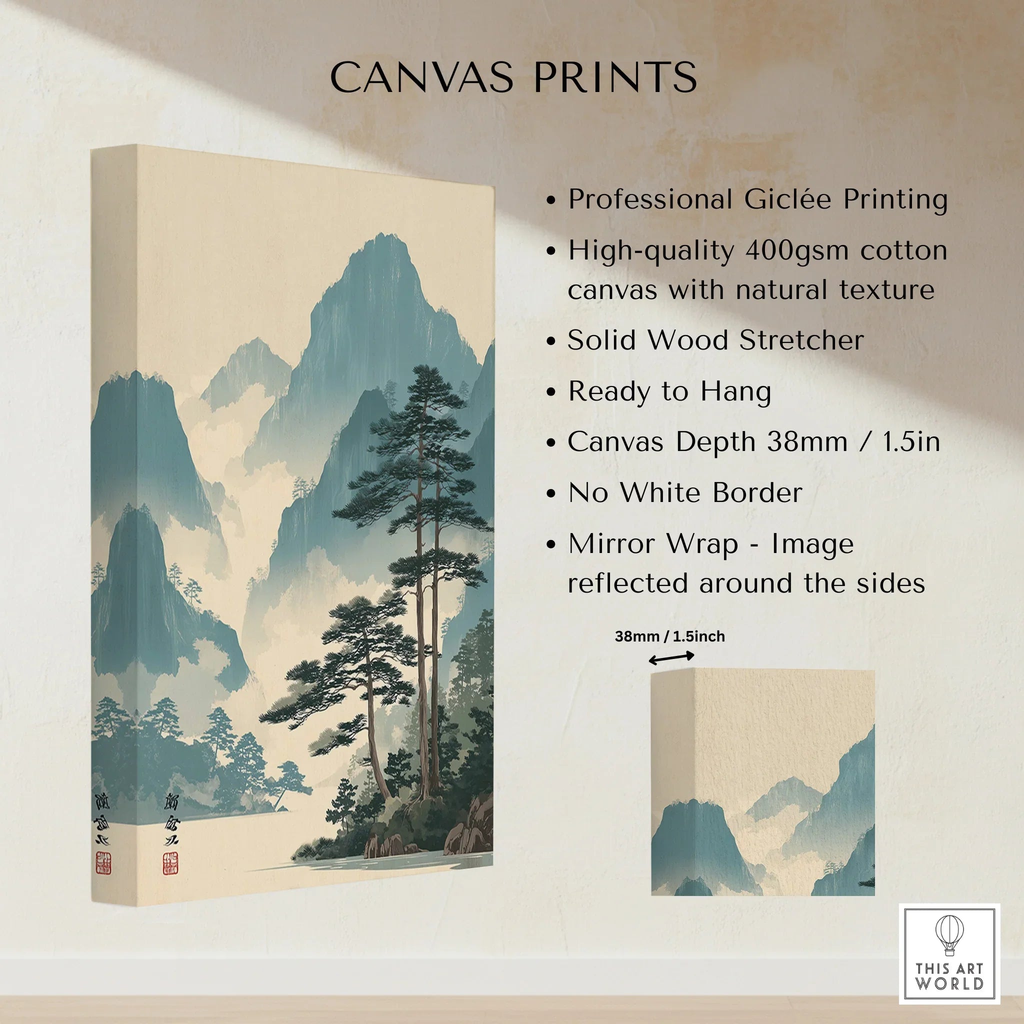 Stretched cotton canvas print featuring a serene blue mountain landscape with pine trees.