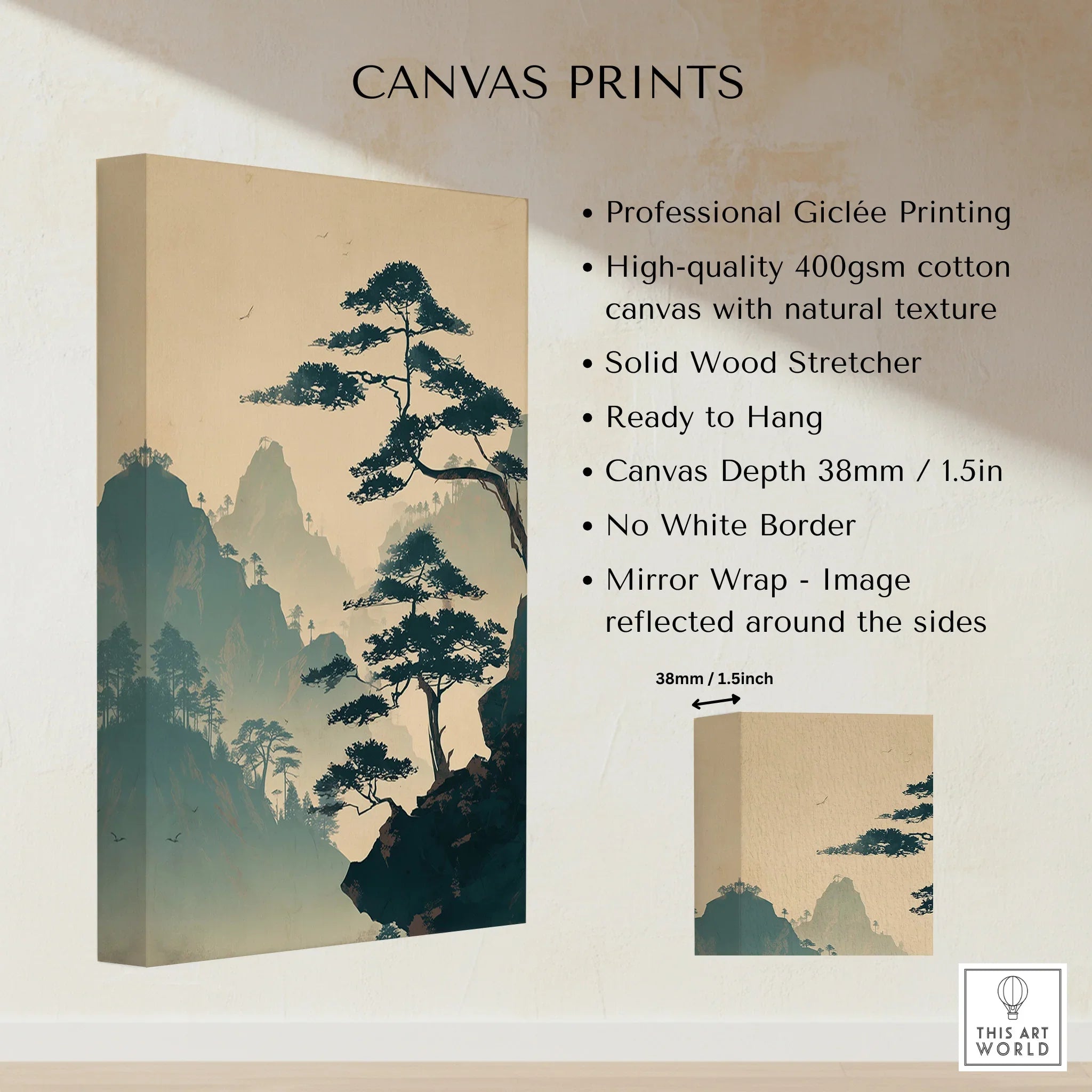 Stretched cotton canvas print with Asian mountain landscape, silhouette trees, and natural texture.