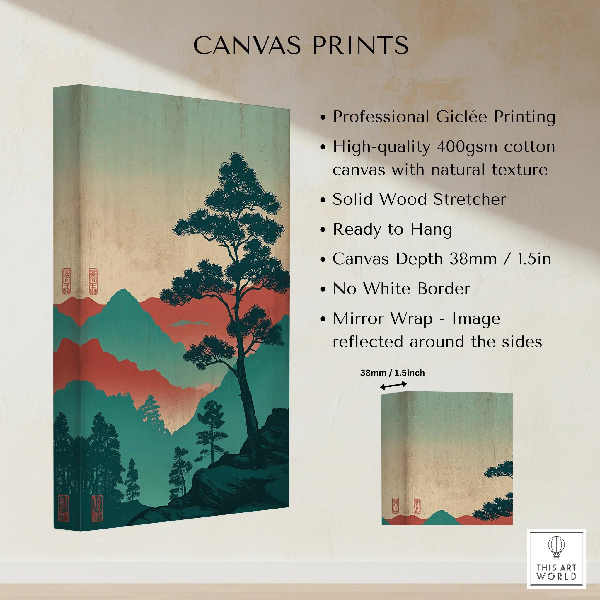 Stretched cotton canvas art print with colorful mountain landscape and tree, mirror wrap edges.