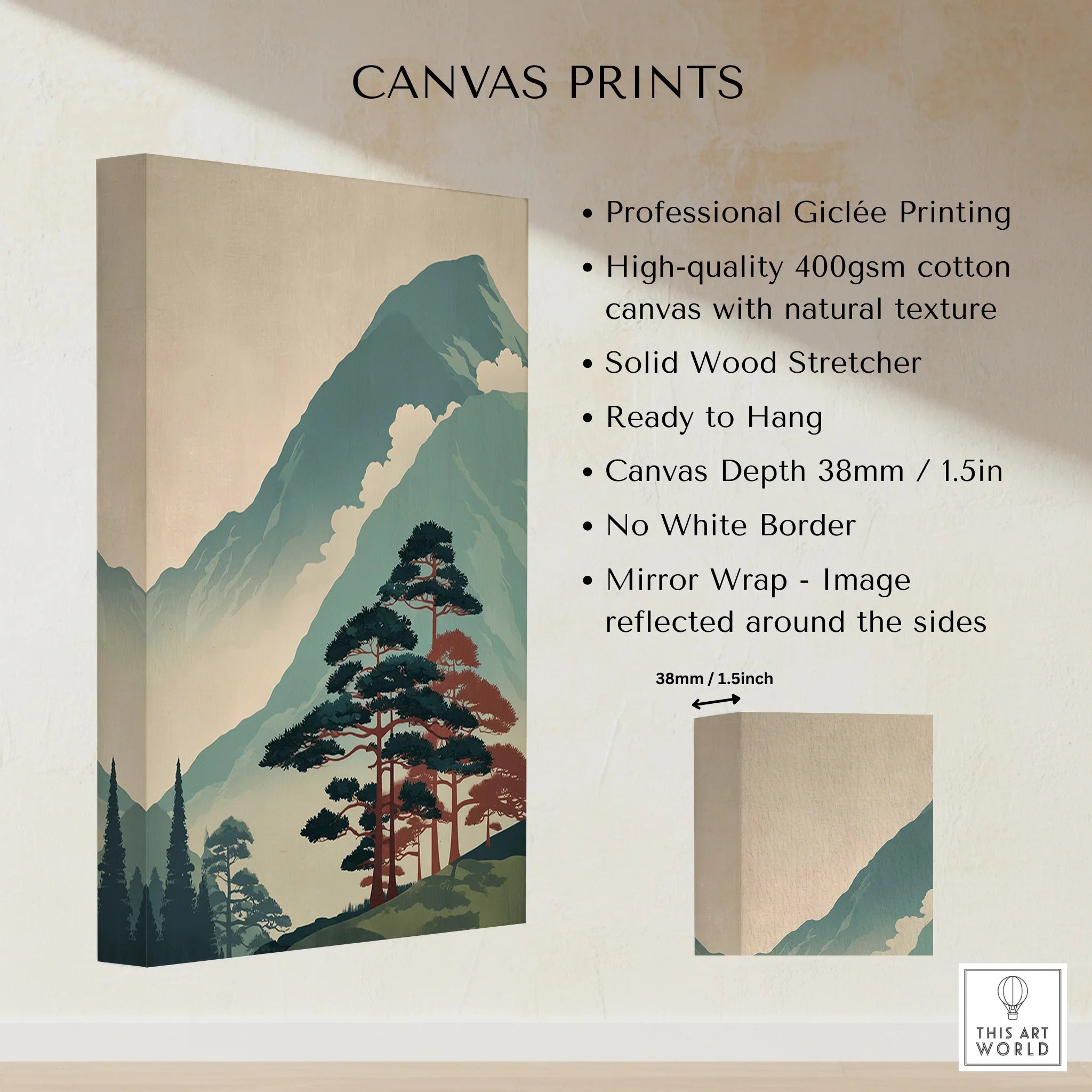 Stretched cotton canvas print featuring a mountain landscape with trees and textured sides