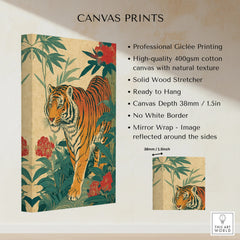 Japanese tiger wall art canvas print with greenery and red flowers, stretched on wood frame