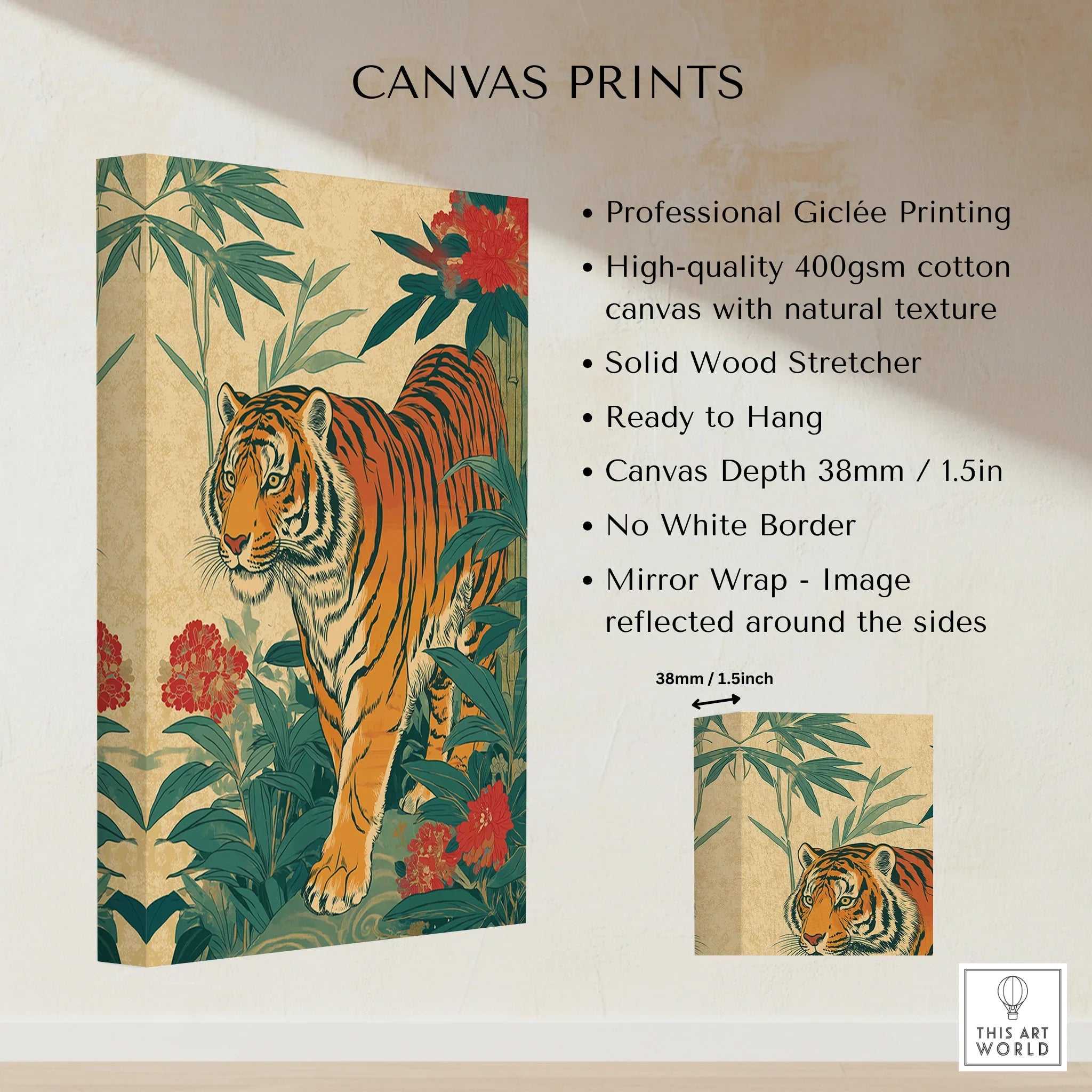 Japanese tiger wall art canvas print with greenery and red flowers, stretched on wood frame