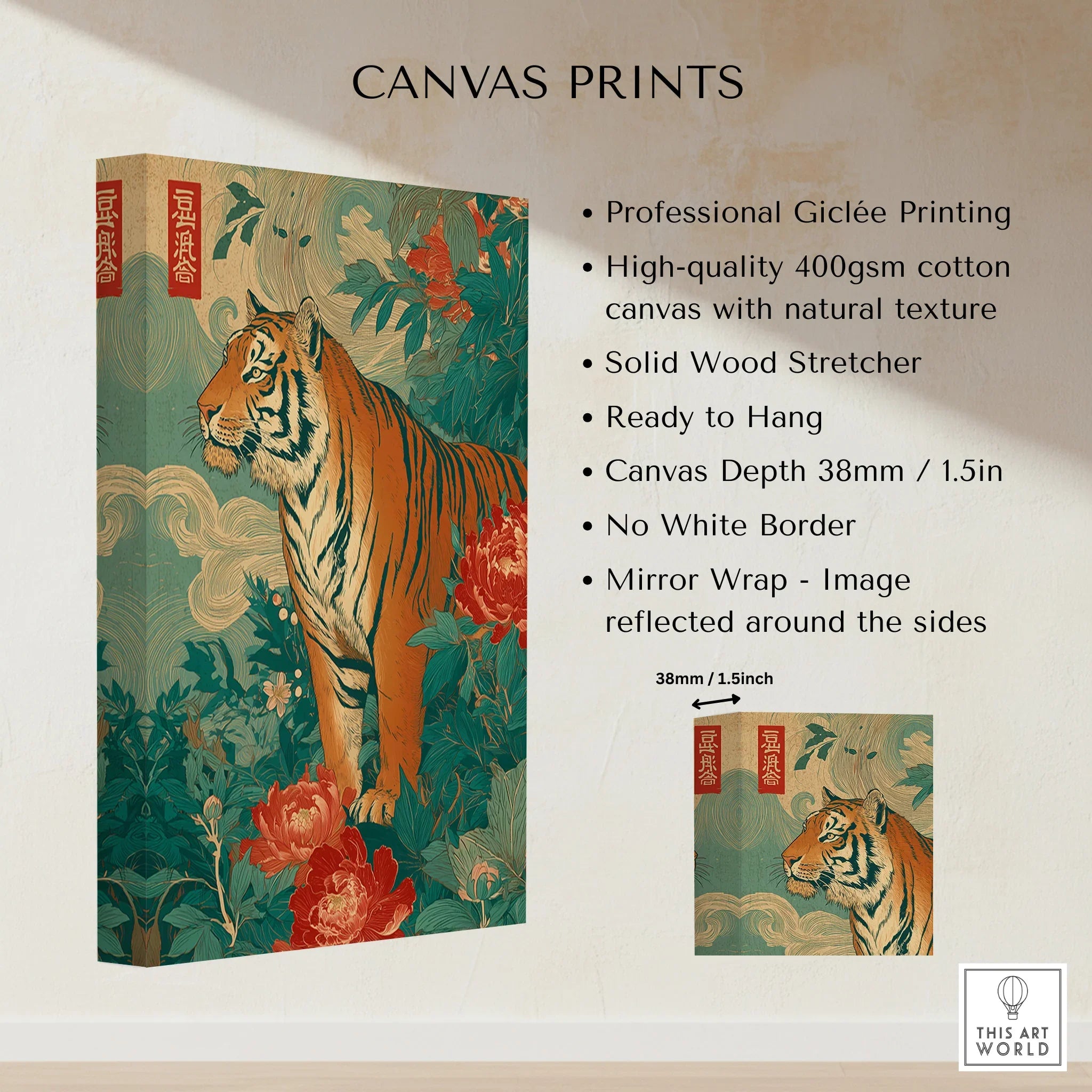 Stretched cotton canvas print featuring a Japanese-style tiger with peonies and foliage.