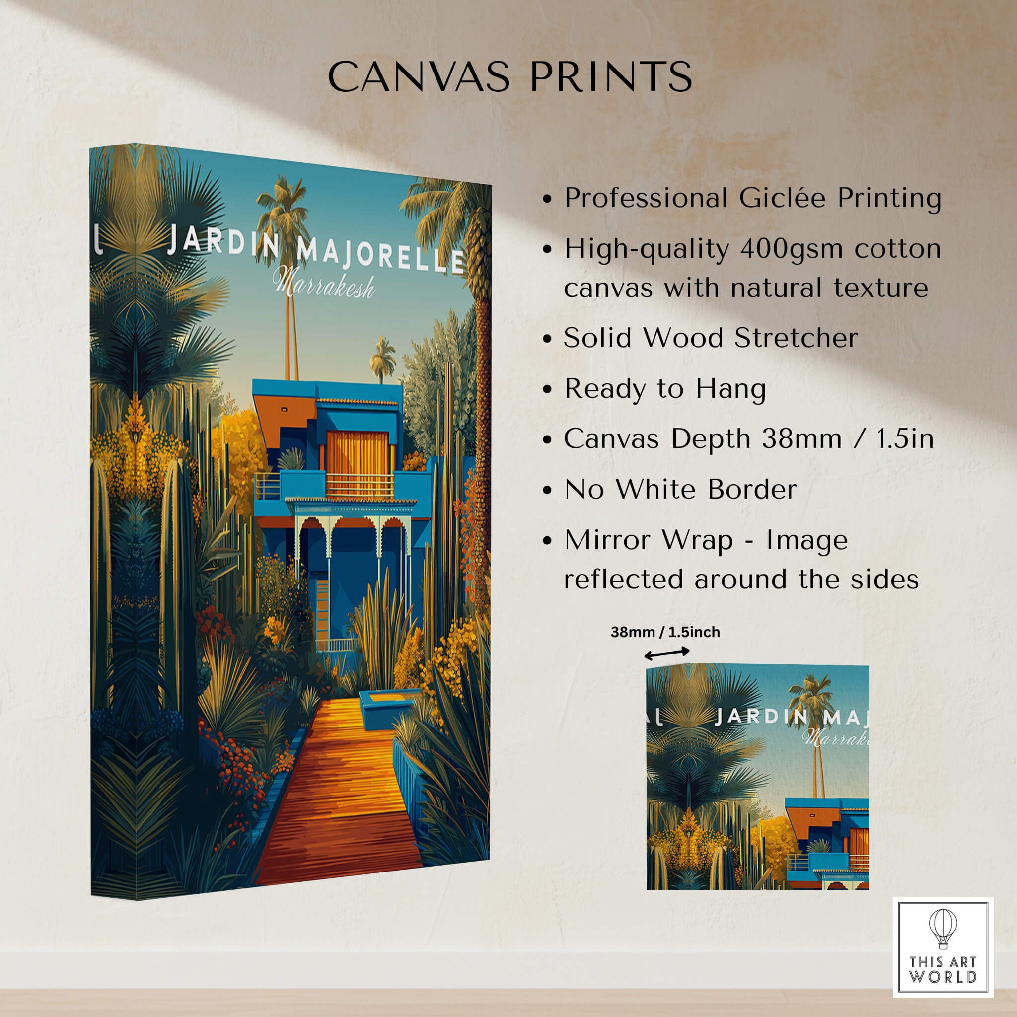 Jardim Majorelle Marrakesh Wall Art Print | Moroccan Blue Garden Travel Posters with vibrant colors and detailed information.