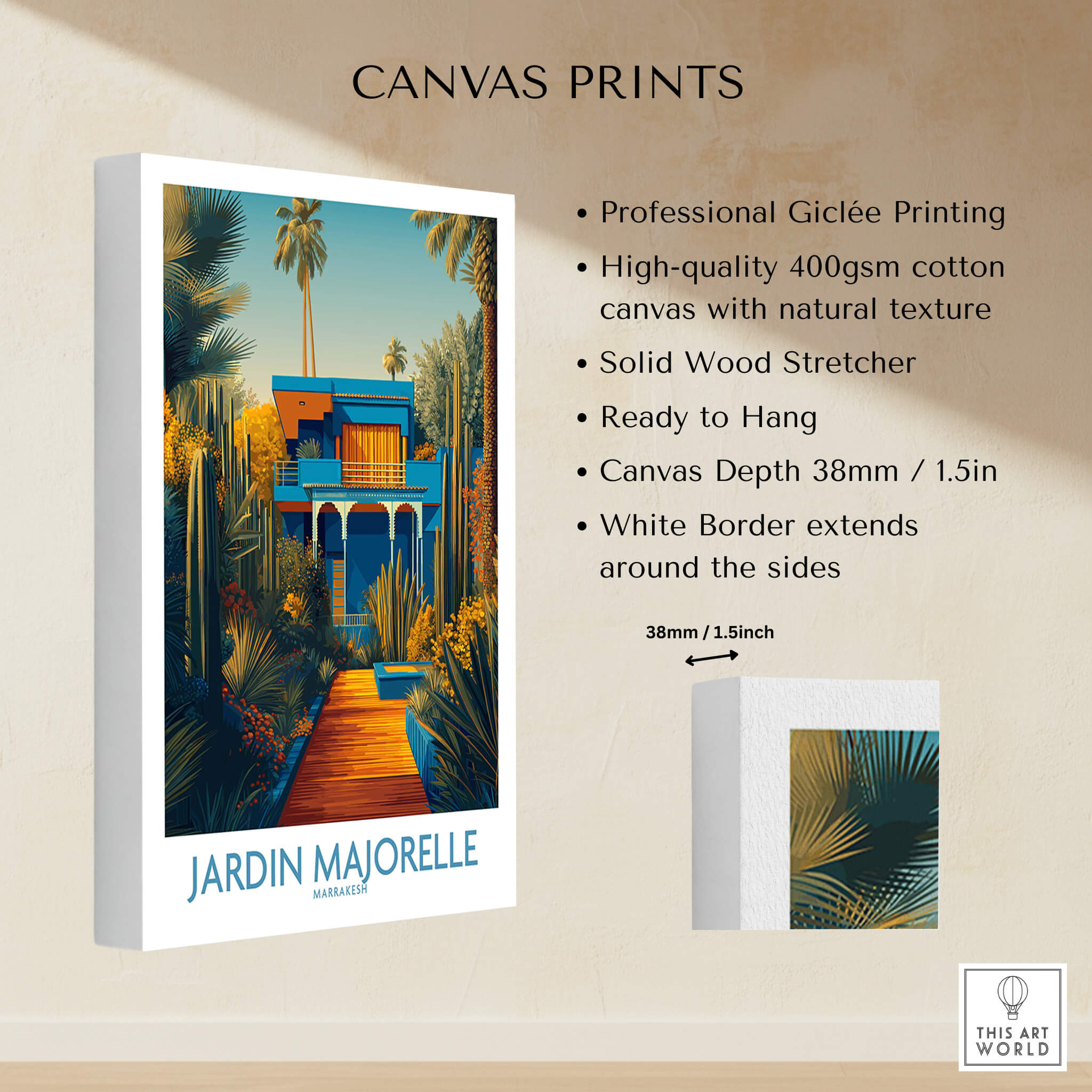 Jardim Majorelle Marrakesh Posters | Vibrant Architecture & Palms Canvas Print showcasing professional quality and design details.