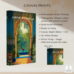 Jardim Majorelle Marrakesh Travel Posters | Moroccan Archway Garden Wall Art Print canvas prints displayed with specs.