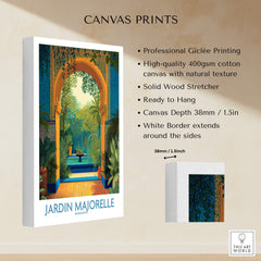 Jardim Majorelle Marrakesh Canvas Print | Tropical Oasis Landscape Poster showcasing professional Giclée printing and solid wood stretcher.