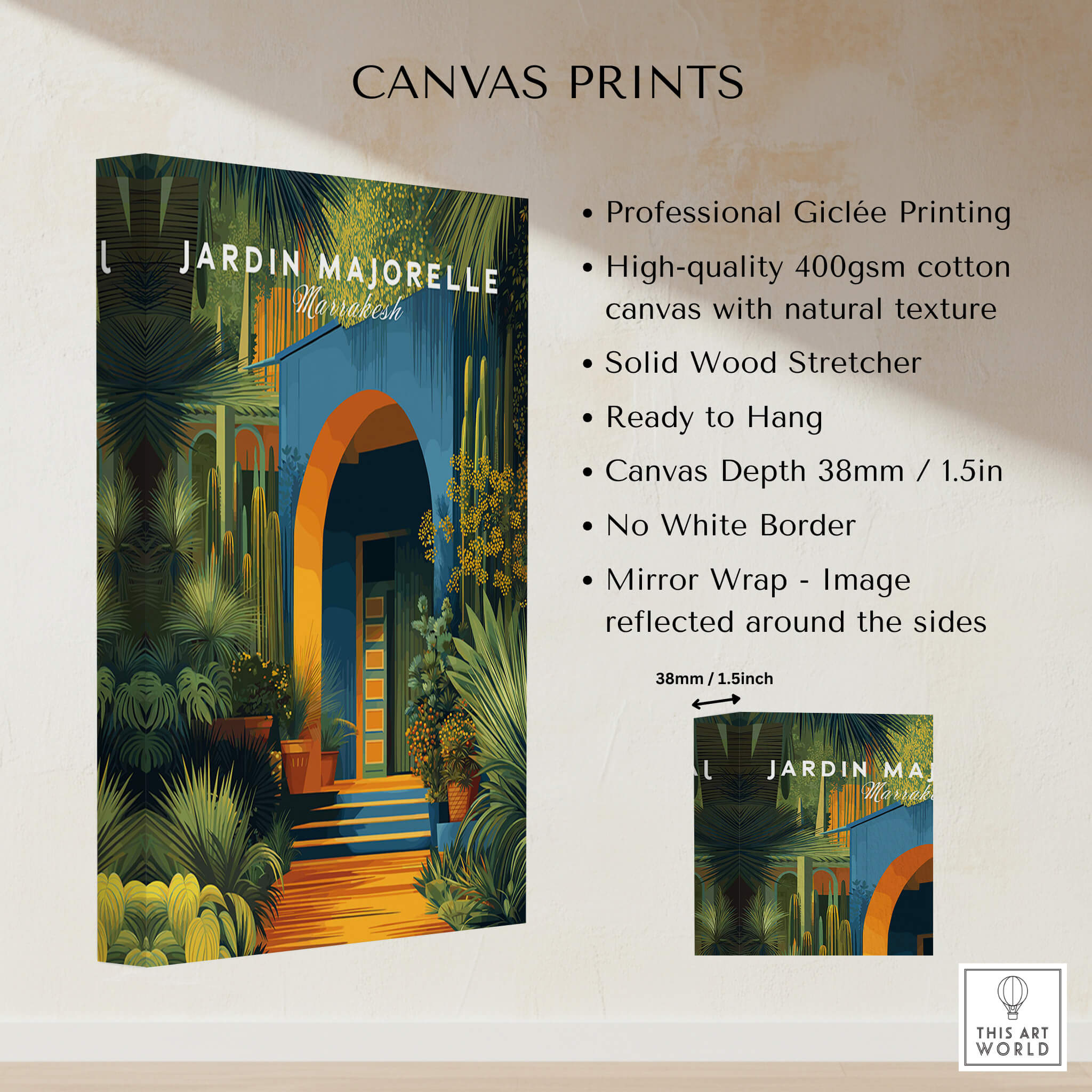 Jardim Majorelle Marrakesh Wall Art Print | Botanical Moroccan Villa Travel Poster details with professional giclée printing and natural texture.