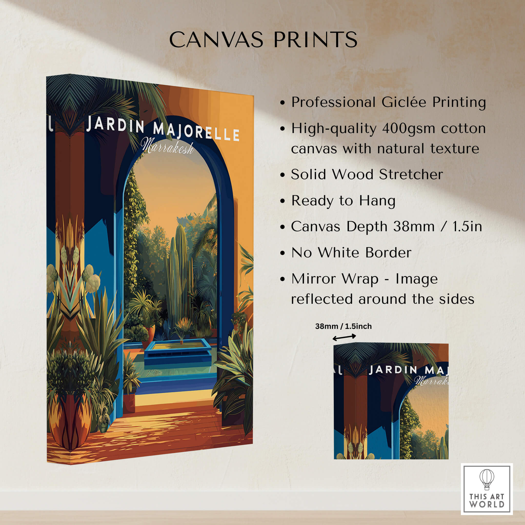 Jardim Majorelle Marrakesh Travel Posters | Garden Fountain Scene Wall Art Print, showcasing professional giclée printing on canvas.
