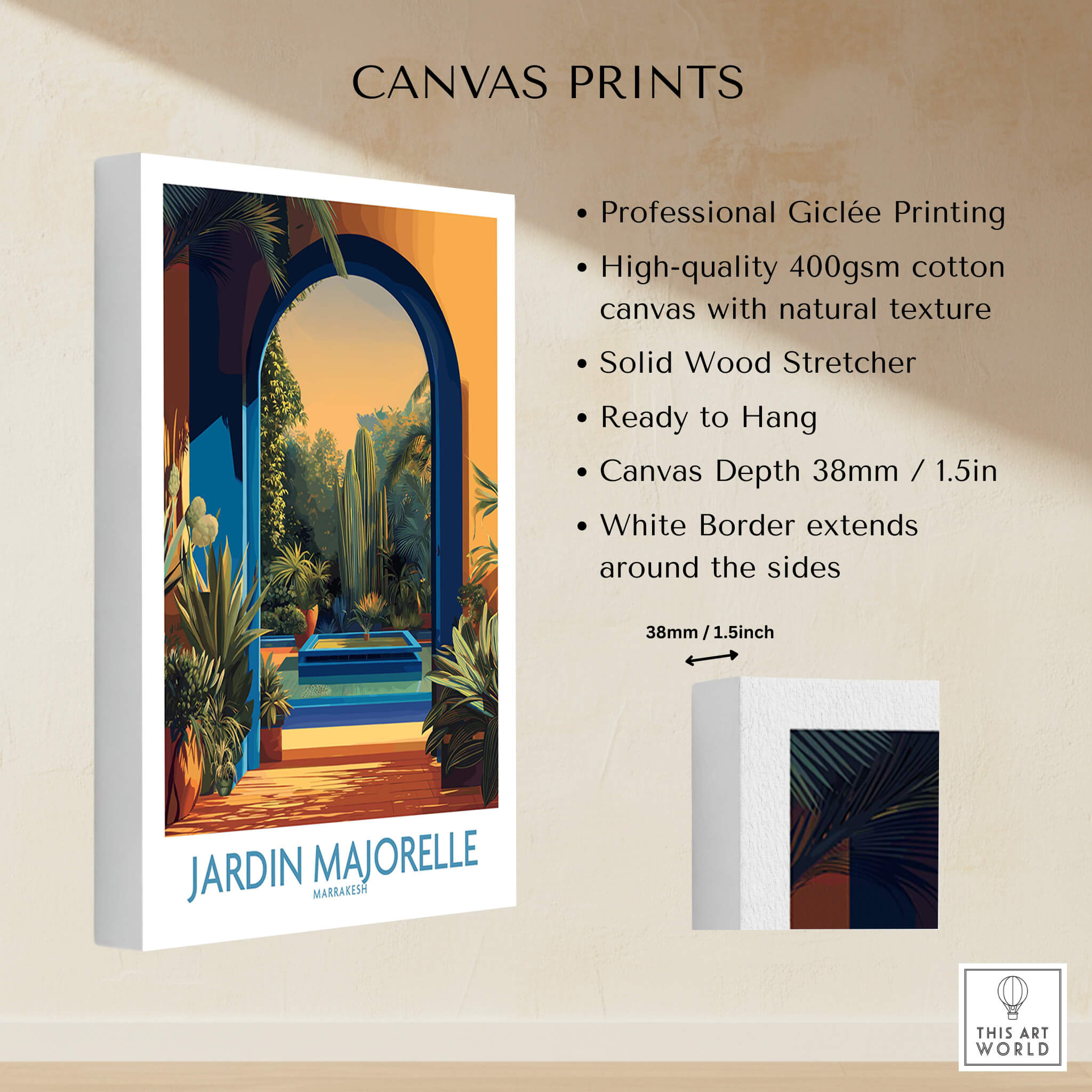Jardim Majorelle Marrakesh Canvas Print | Exotic Plant & Architecture Posters showcasing professional giclée printing details.