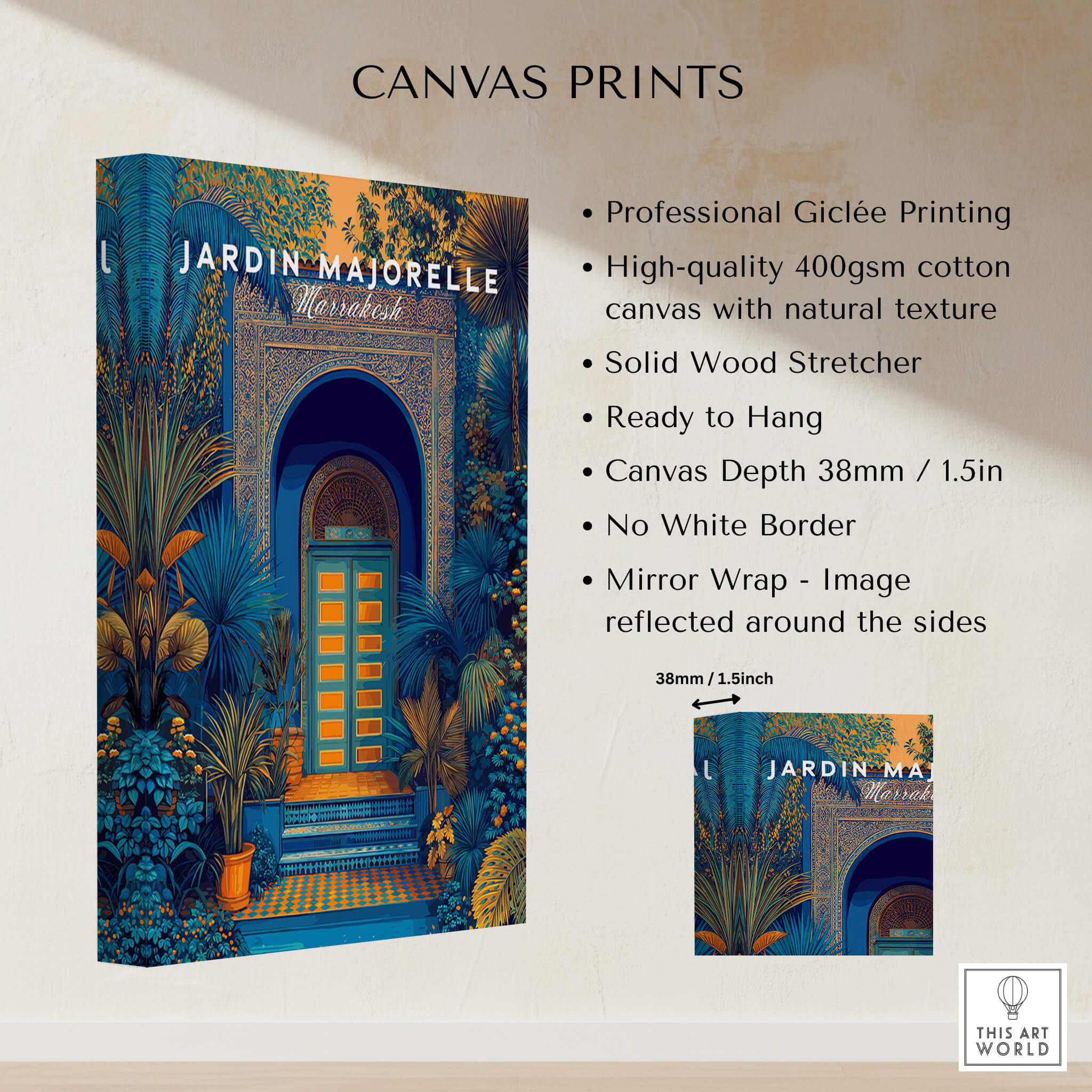 Jardim Majorelle Marrakesh Wall Art Print | Ornate Moroccan Doorway Travel Posters canvas details and design.