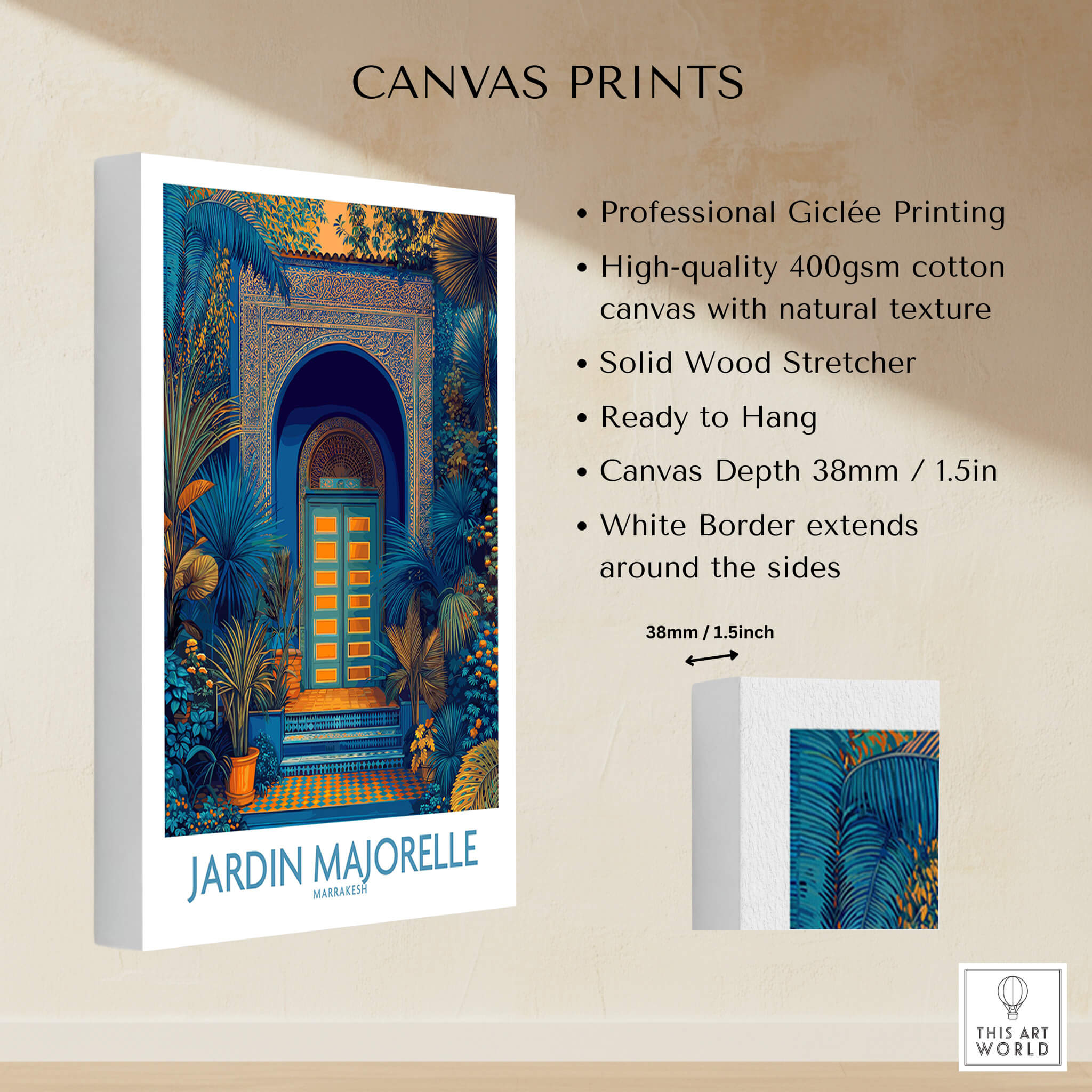 Jardim Majorelle Marrakesh Posters | Detailed Blue Architecture Canvas Print showcasing professional Giclée printing and vibrant colors.