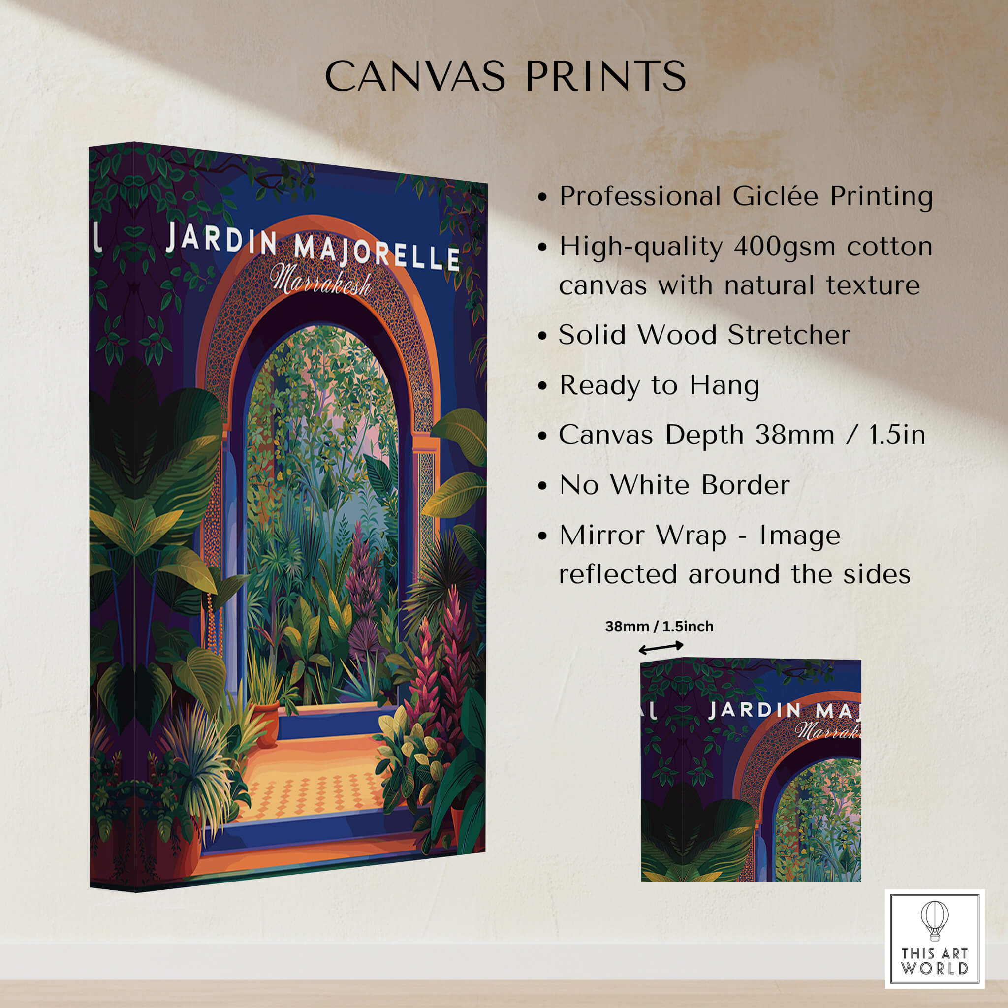 Jardim Majorelle Marrakesh Travel Poster | Lush Tropical Garden Wall Art Print showcasing botanical beauty.