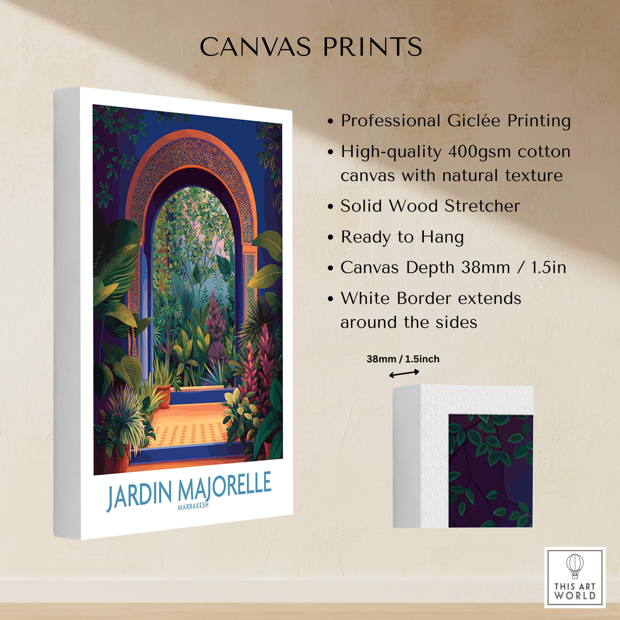 Jardim Majorelle Marrakesh Canvas Print | Colorful Moroccan Landscape Poster features professional giclée printing on high-quality canvas.