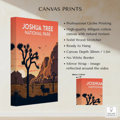 Joshua Tree National Park canvas print with desert landscape, mountains, and sunset details.