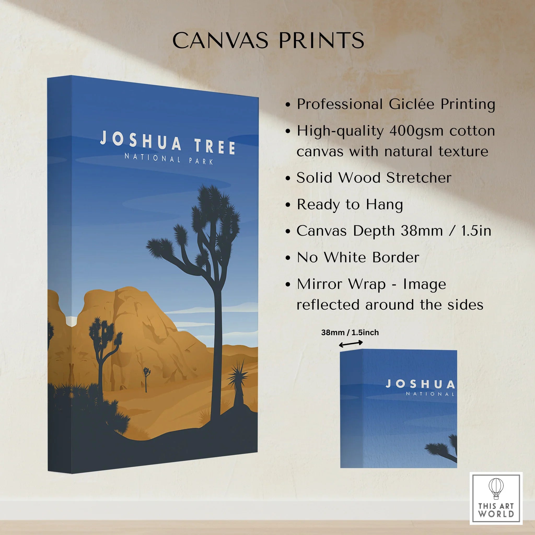Joshua Tree National Park canvas wall art print with desert landscape and modern blue sky design