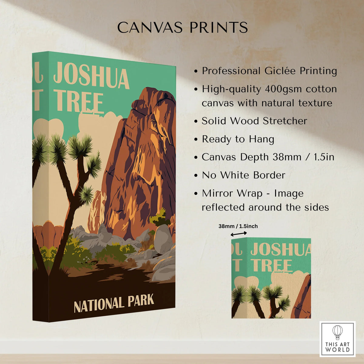 Joshua Tree National Park canvas print with desert landscape and product feature list