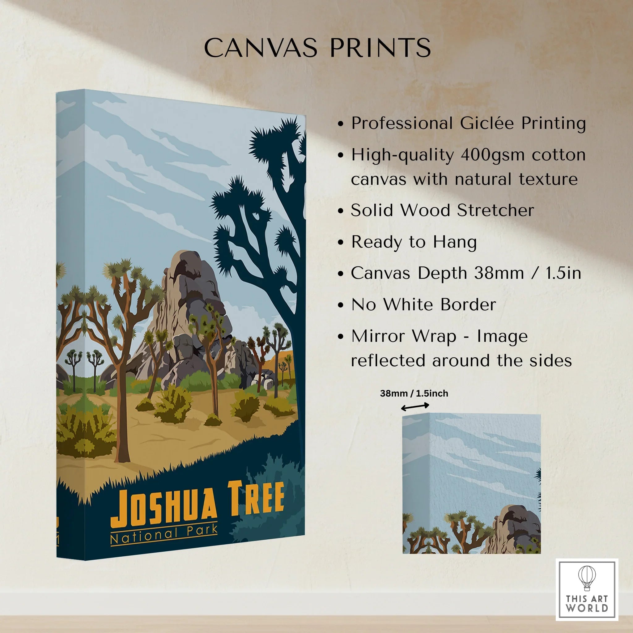 Joshua Tree National Park canvas print with desert landscape, rocks, and trees, wall art decor
