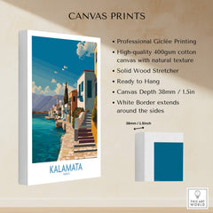 Kalamata Greece Poster | Greek Coastal Canvas Print details including Giclée printing and cotton canvas texture.